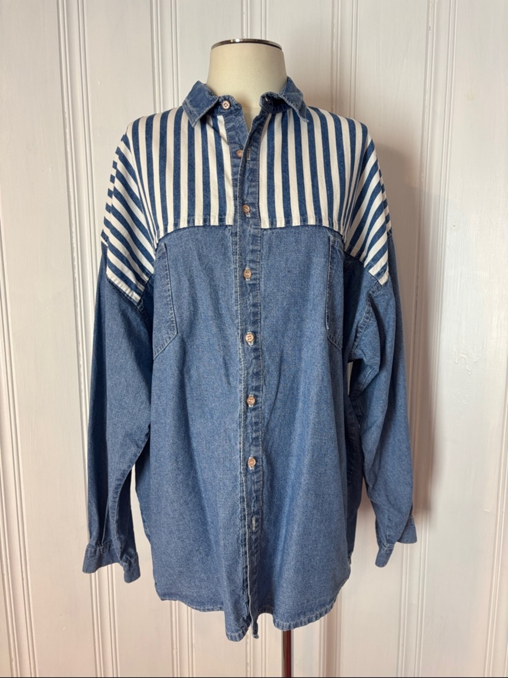 Vintage Oversized Denim & Stripe Button-Up 90s Shacket/Shirt |One Size Oversized
